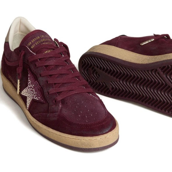 Женские кеды Golden Goose Ball Star Burgundy Suede with Crystal Star and Metallic Heel Tab